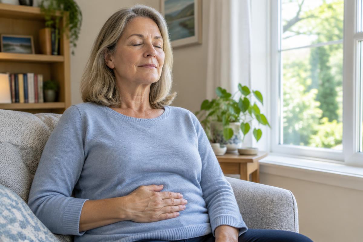 Woman in her late 50s sitting by a sunny window practicing slow belly breathing with her eyes closed