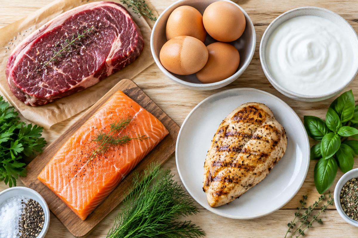 Overhead view of grass-fed beef, wild salmon, whole eggs, plain Greek yogurt and grilled chicken breast on a wooden table