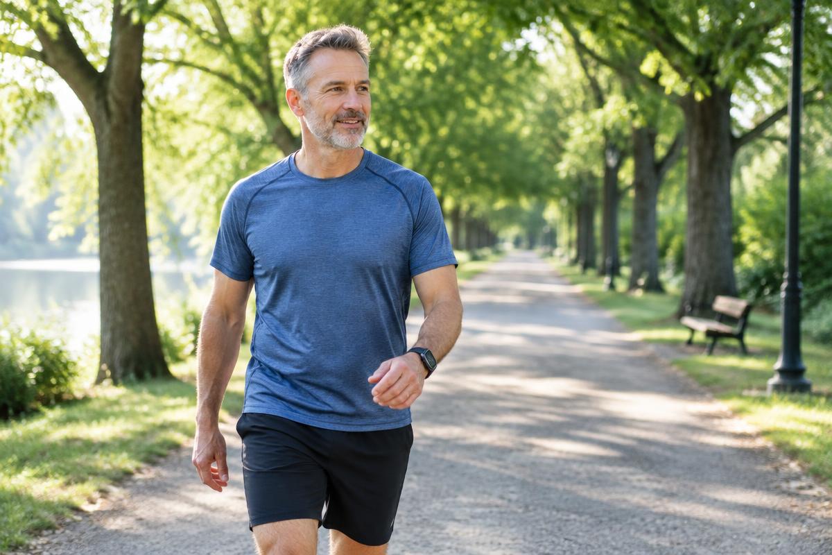 Man in his mid 50s wearing a smartwatch on a brisk morning walk along a tree-lined park path
