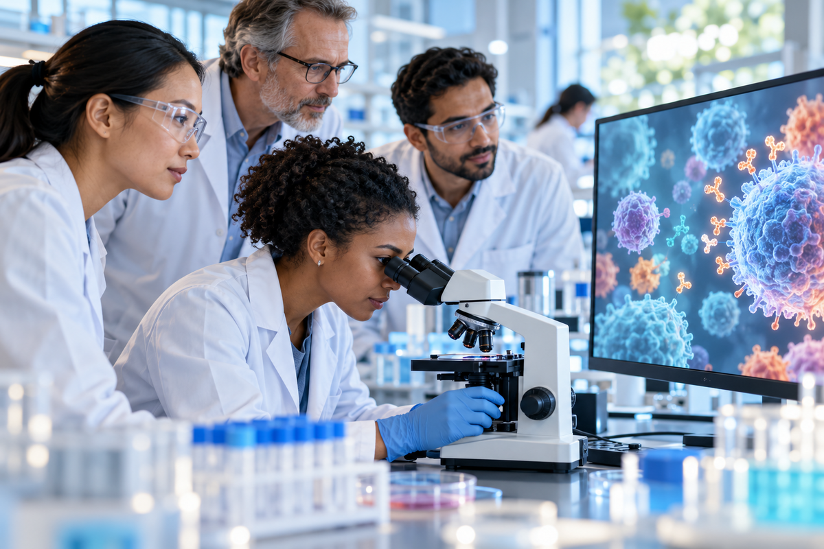 Researchers studying immune cells with a microscope in a laboratory