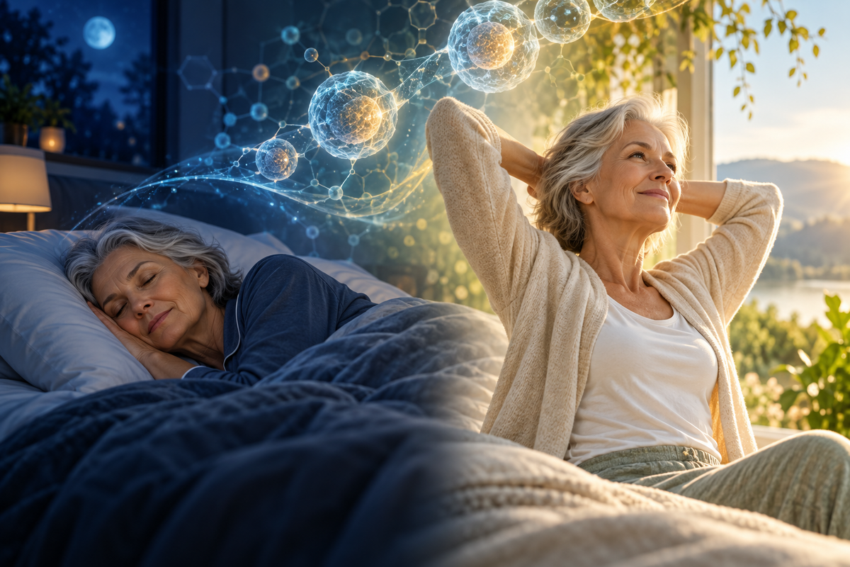 Older woman sleeping at night and relaxing in morning sunlight, illustrating sleep and healthy aging