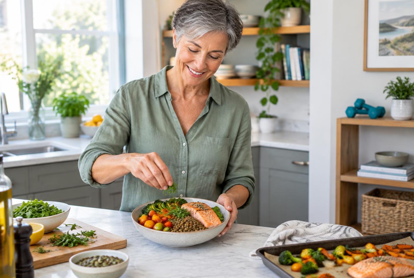 Woman in her 60s preparing a meal with salmon, lentils and vegetables at home