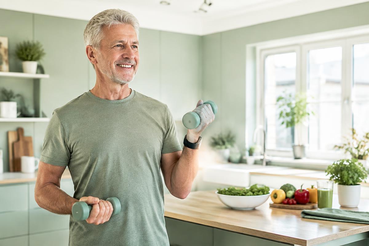 Smiling man in his 60s lifting light dumbbells in a bright kitchen to help maintain muscle strength