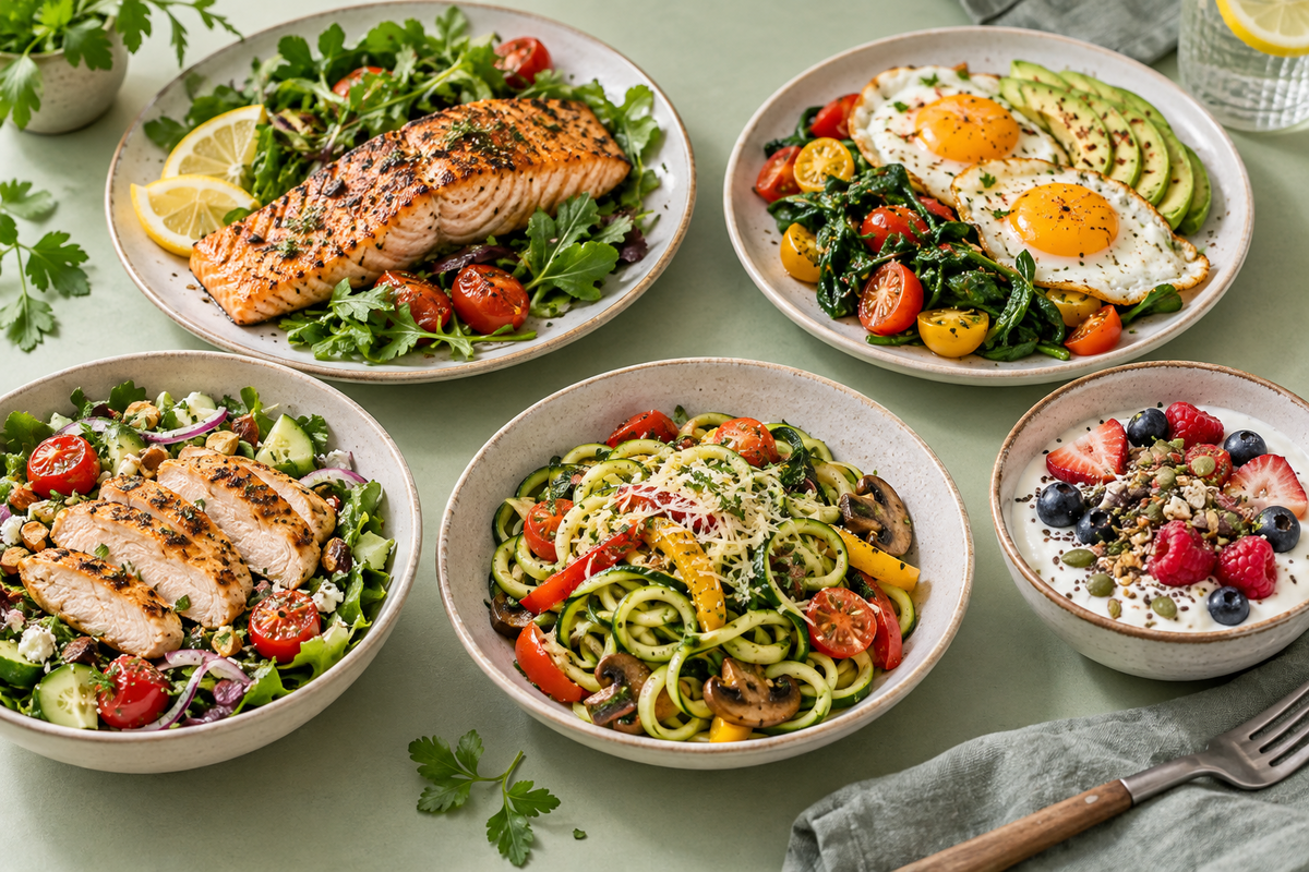 Five keto-inspired meals arranged on a table
