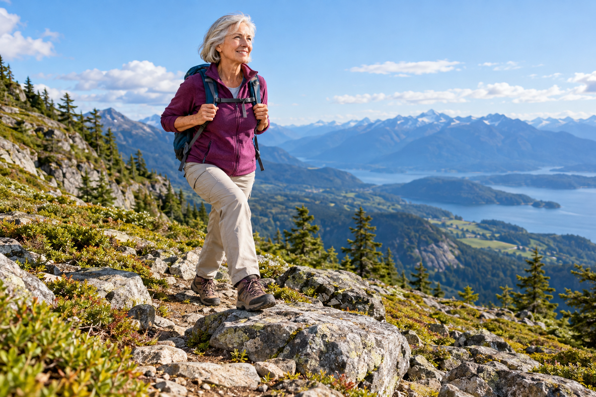 Active woman in her 60s hiking with a daypack across rocky terrain on a sunny mountain slope