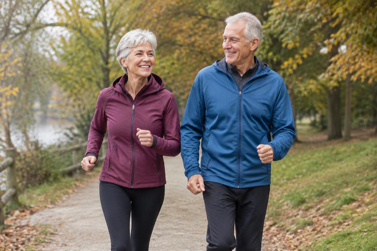 Couple in their 60s walking together on a park trail on an autumn morning