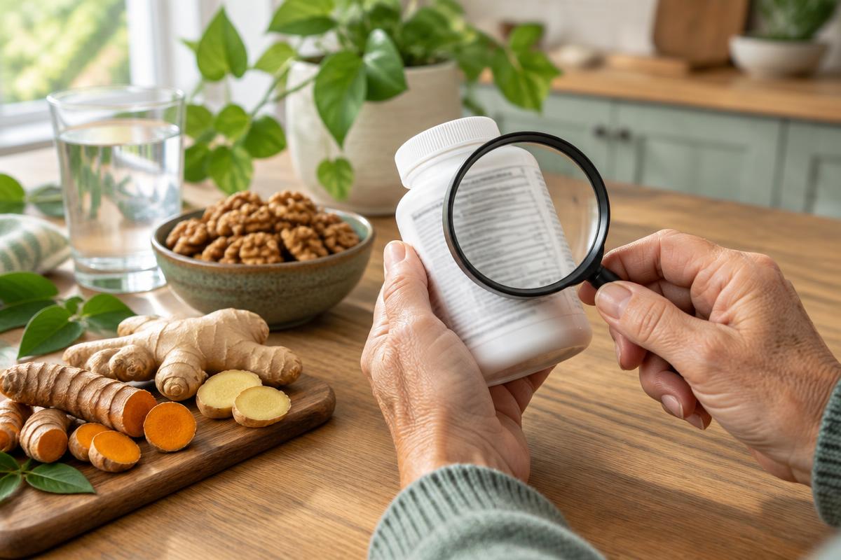 Older adult examining a supplement bottle beside turmeric, ginger and walnuts in a home kitchen