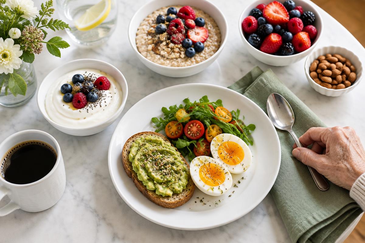 Breakfast with eggs, Greek yogurt, oatmeal, berries and almonds on a kitchen table