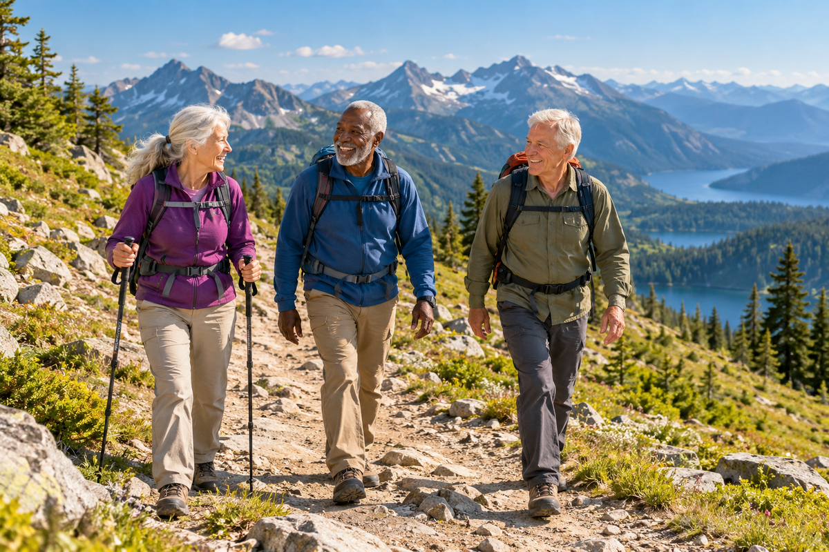 Three active adults in their sixties walking together along a scenic mountain trail after a meal