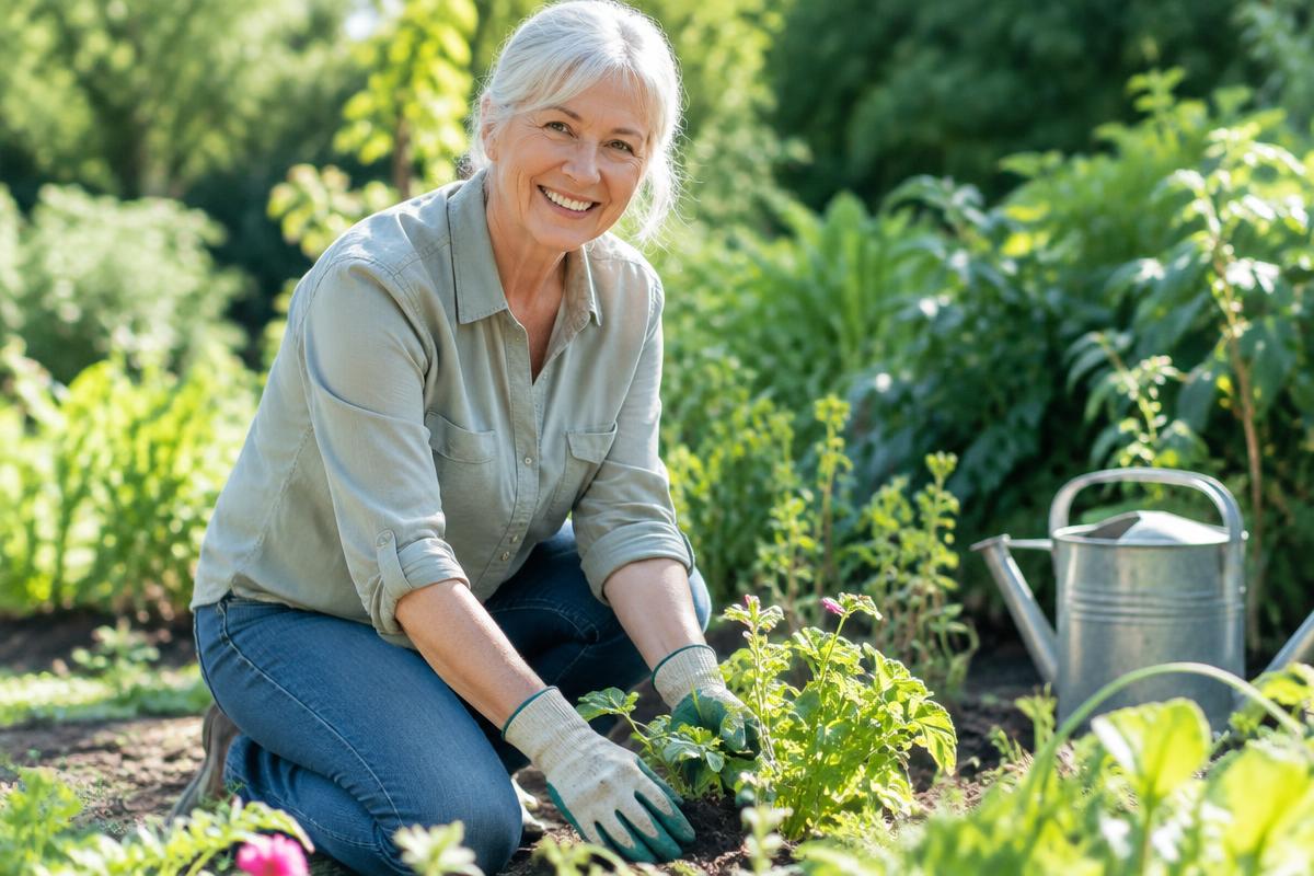 Smiling woman in her 60s kneeling comfortably while gardening on a sunny morning
