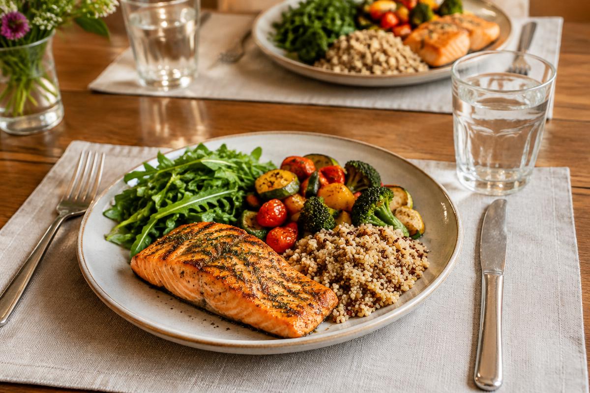 Balanced dinner plate with grilled salmon, roasted vegetables, quinoa and leafy greens
