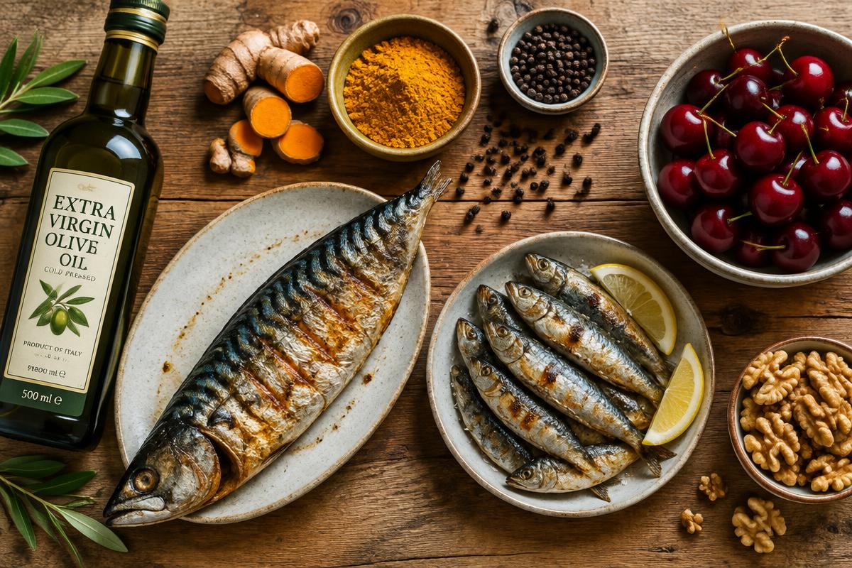 Overhead view of extra virgin olive oil, turmeric with black pepper, grilled mackerel and sardines, tart cherries and walnuts on a wooden table