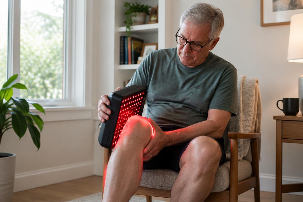 Man in his 60s using a red and near-infrared LED light therapy panel on his knee at home
