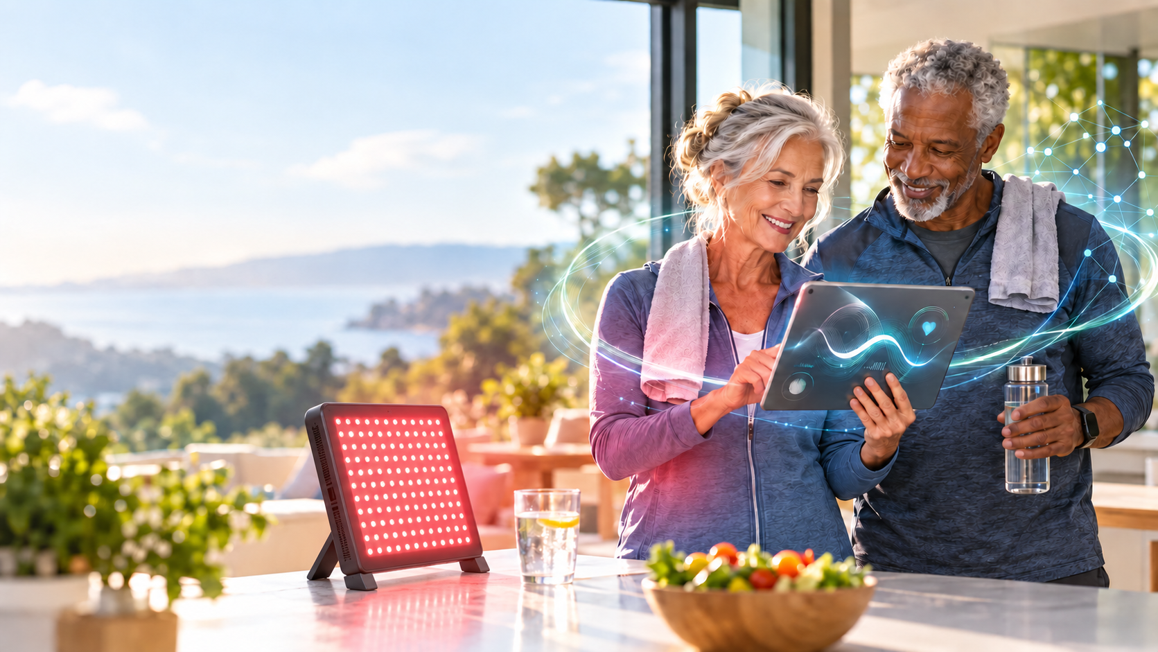 Smiling older couple reviewing health insights on a tablet in a sunny kitchen beside a red light therapy panel and a fresh salad