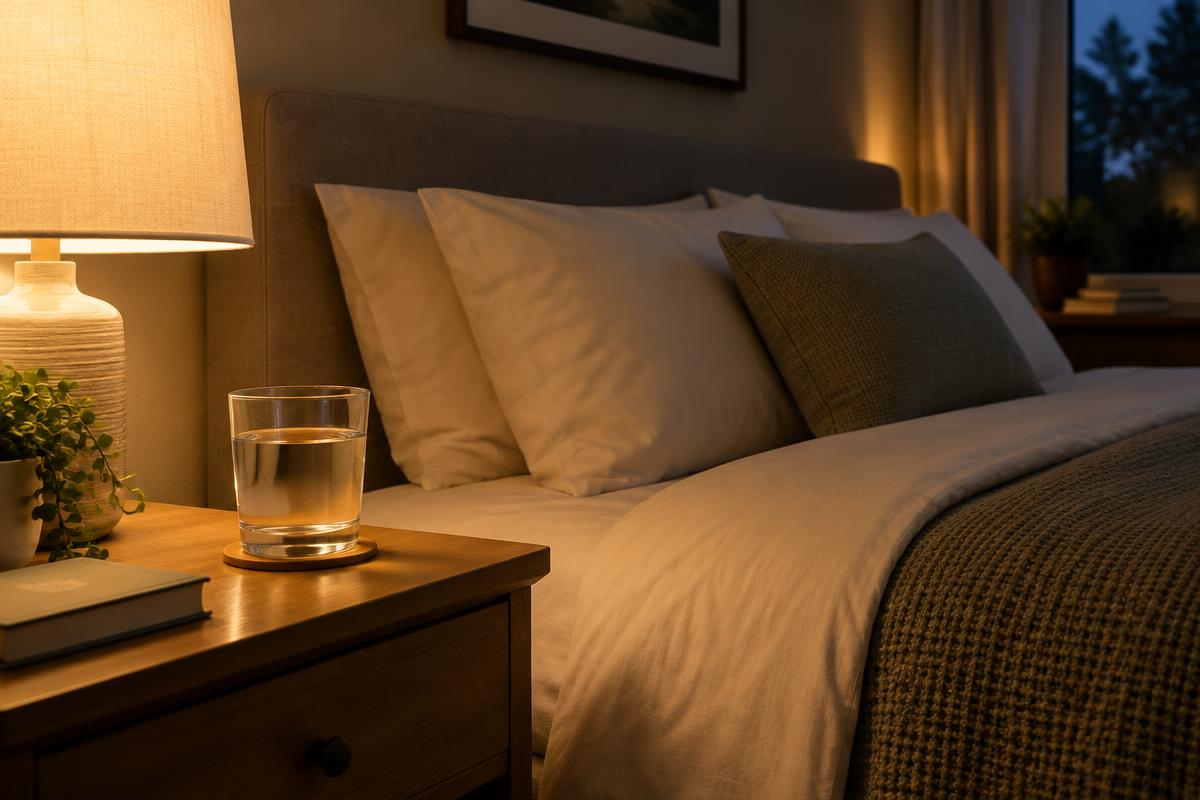Calm evening bedroom with a glass of water on the nightstand beside a warm lamp