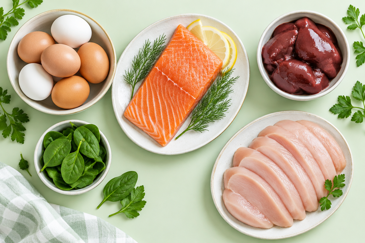 Choline-rich foods: eggs, salmon, sliced chicken breast, and beef liver on a pale-green surface