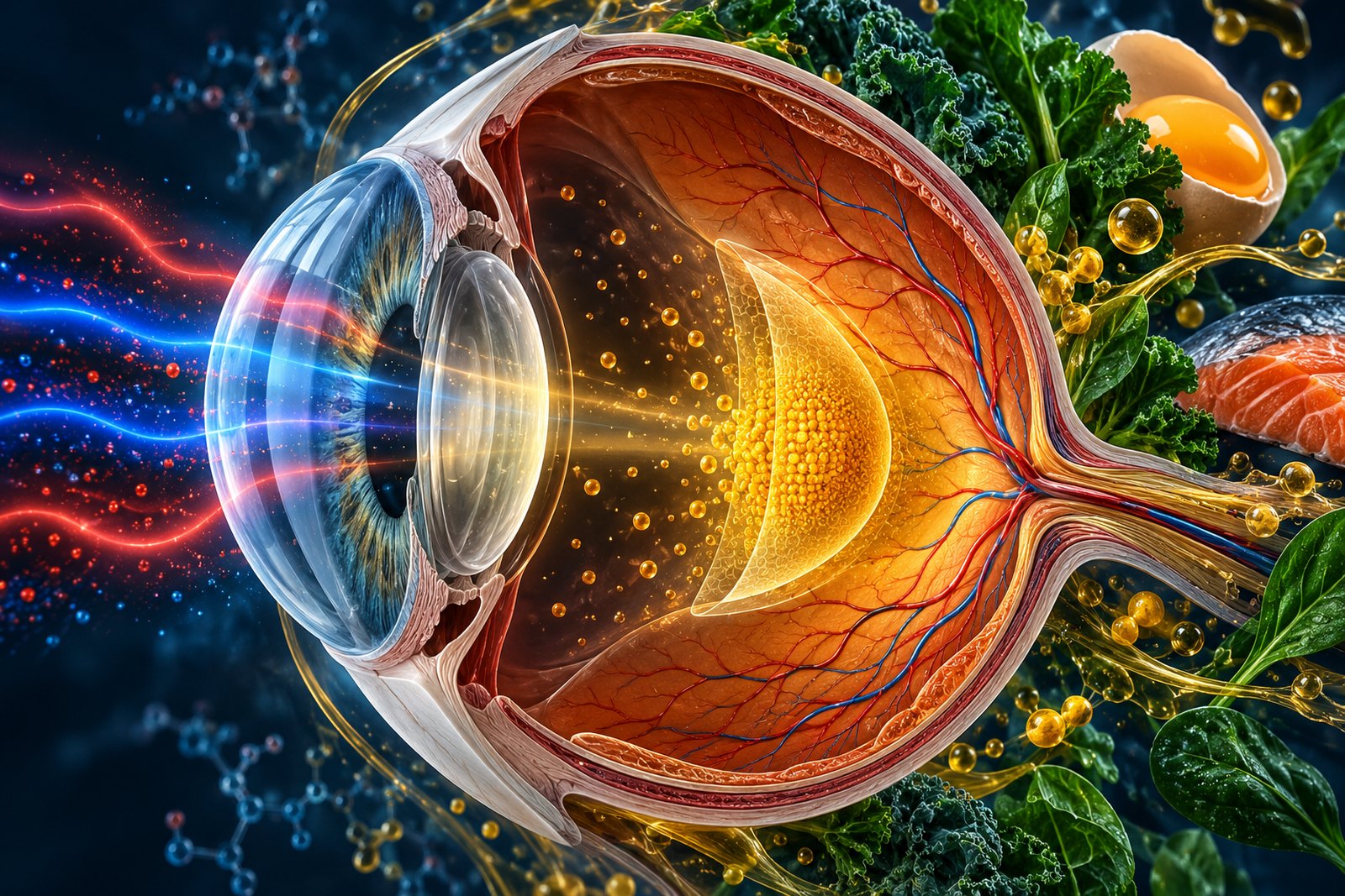 Conceptual illustration of an eye cross-section showing the macula nourished by leafy greens, egg yolk, and omega-3 fats