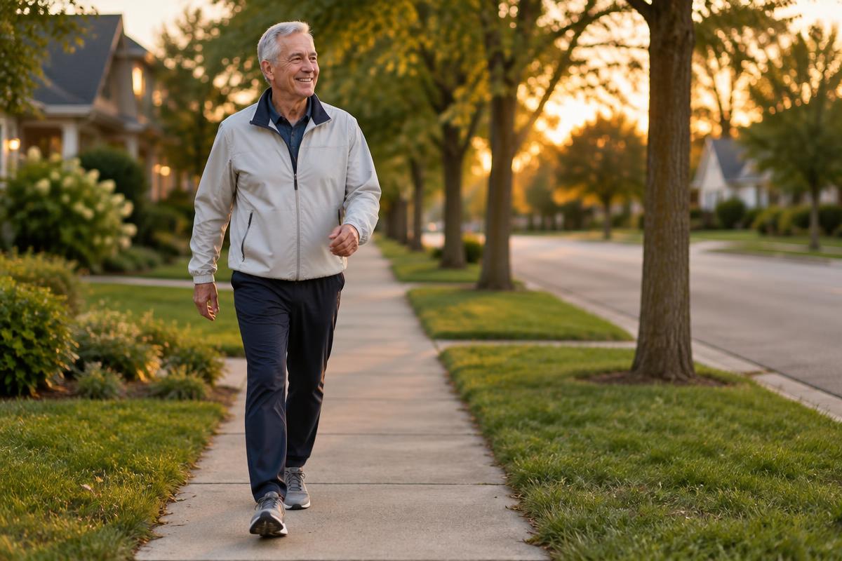 Man in his late 60s taking a brisk evening walk around his neighborhood