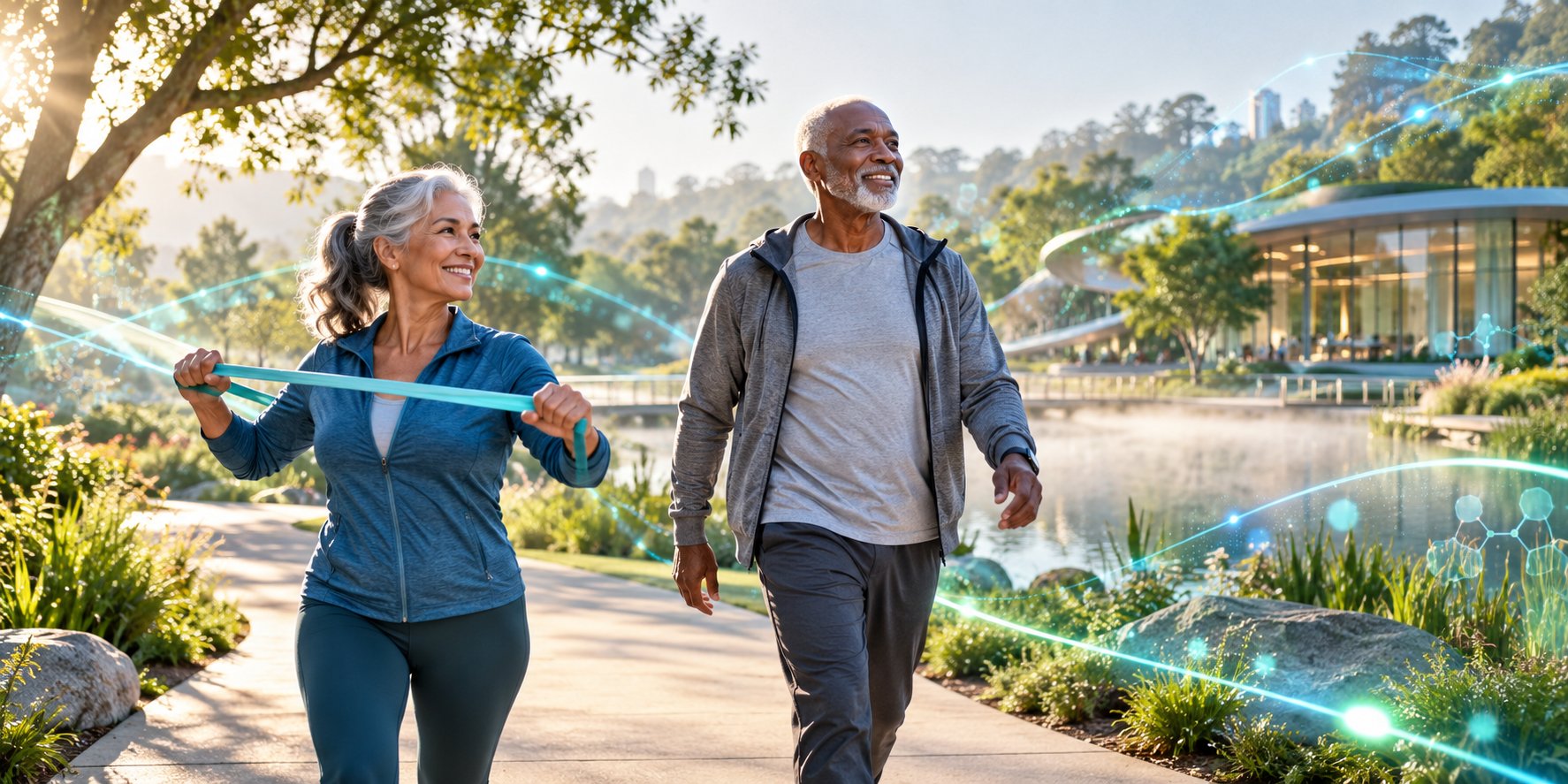 Smiling older couple walking together on a sunny park path