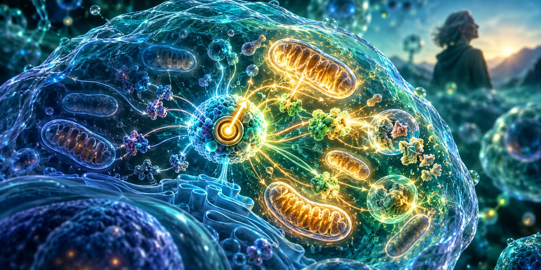 Illustration of a cell with glowing mitochondria and activated AMPK protein at its center