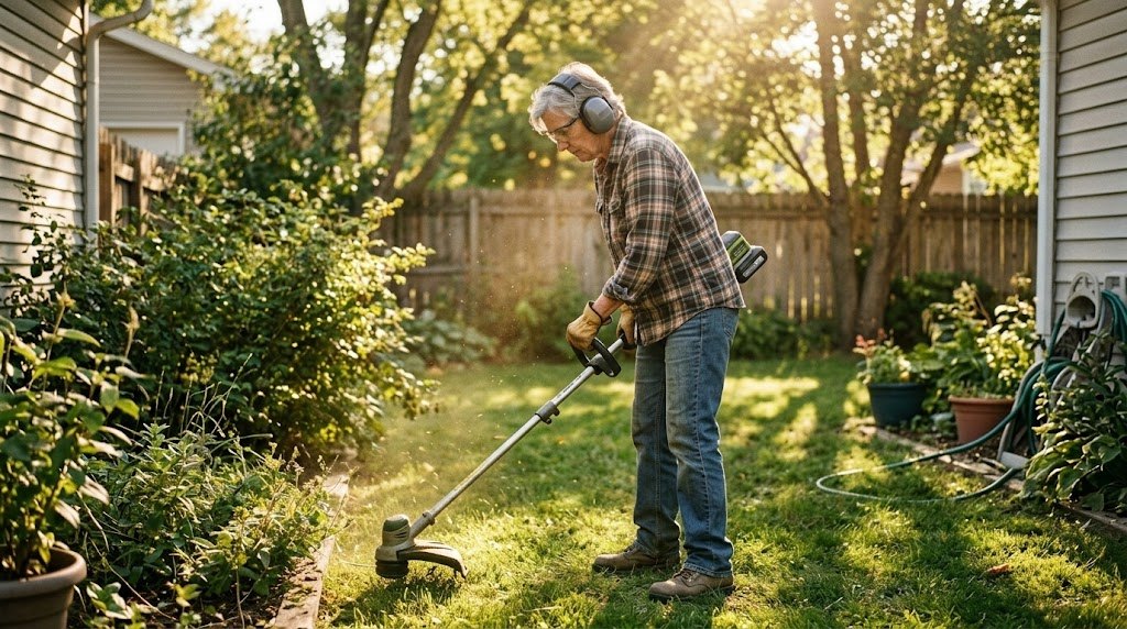 Older man trimming his yard with a string trimmer while wearing protective ear muffs