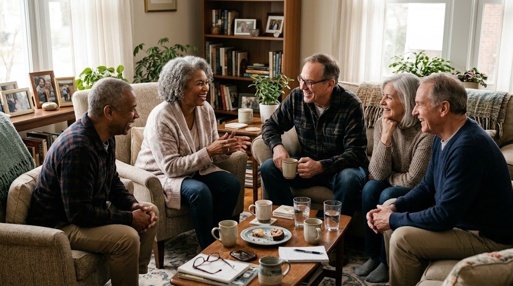 Group of older friends visiting in a living room over tea and cookies