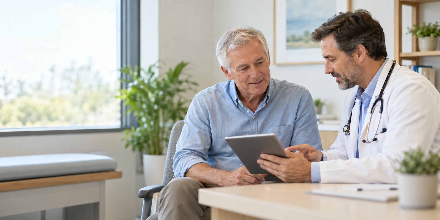 Older man discussing blood test results with his doctor