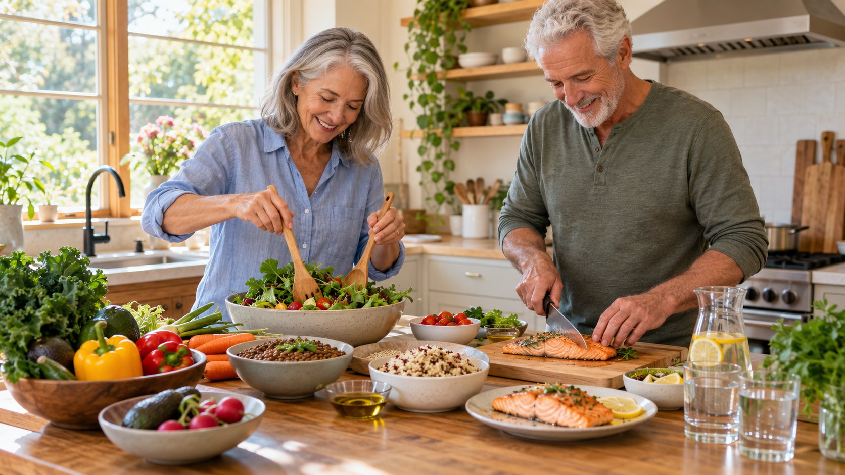 Couple preparing a large healthy meal together in the kitchen