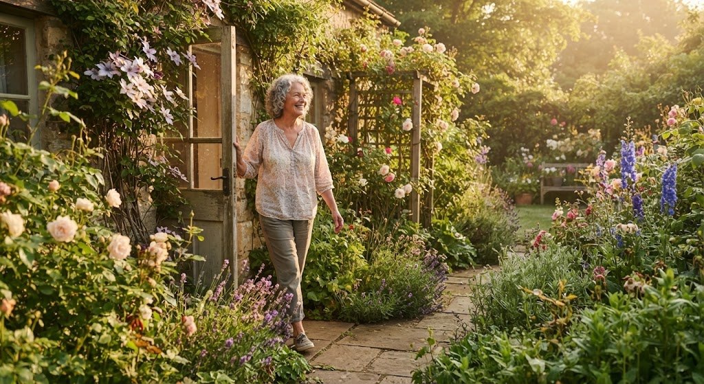 Older woman walking through her sunlit garden in the morning