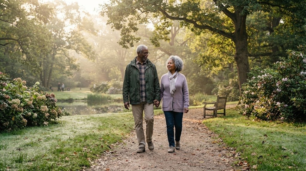 Older couple taking a morning walk together through the forest