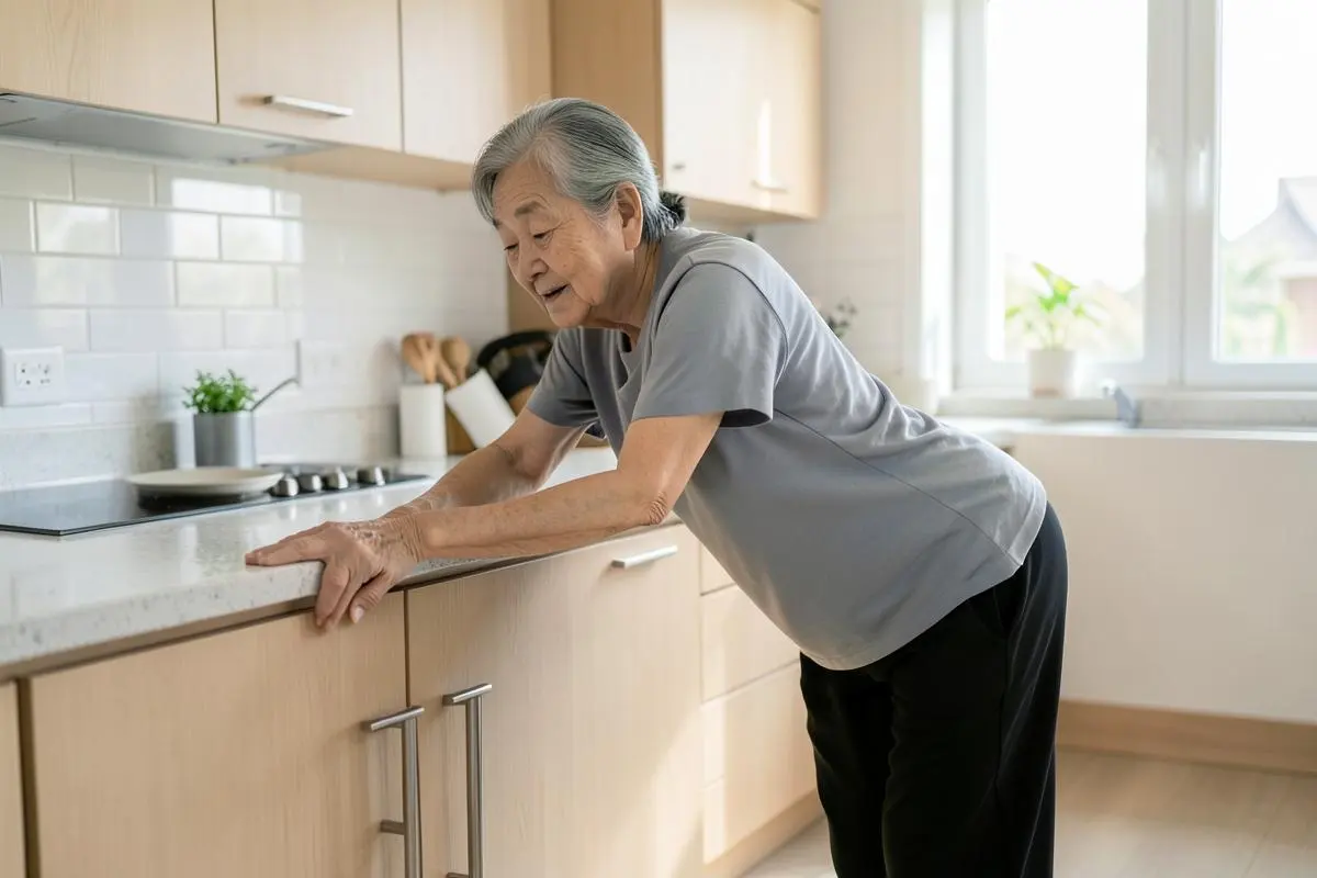 Woman over 60 practicing a supported balance exercise beside a kitchen counter