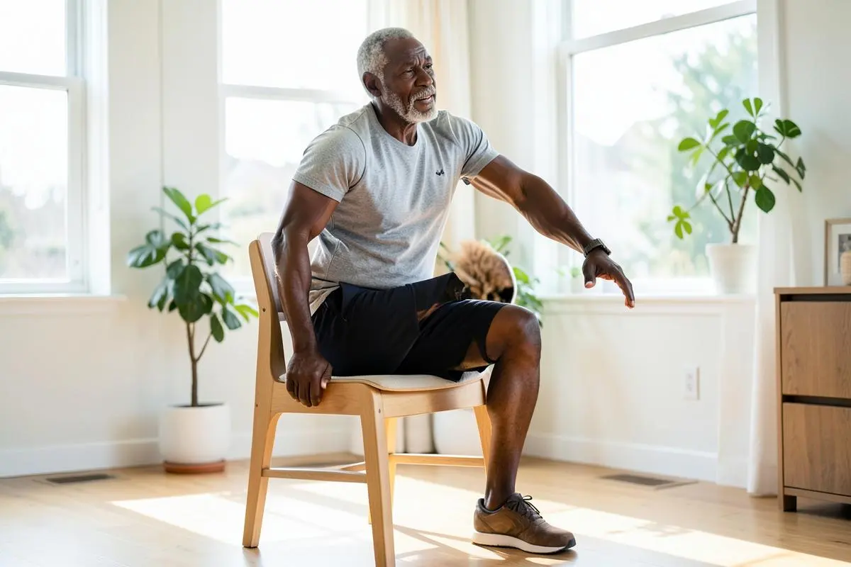 Man over 60 practicing a controlled sit-to-stand exercise from a sturdy chair