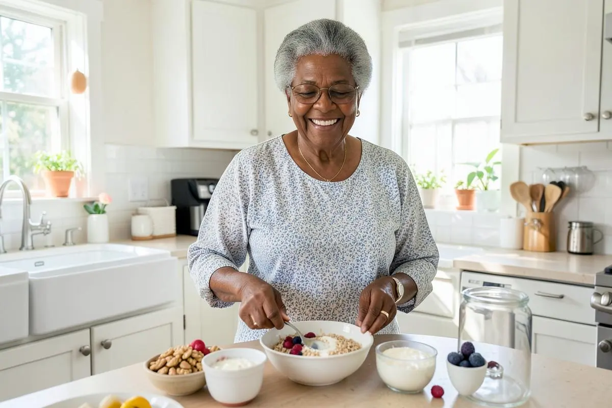 Woman over 60 preparing oatmeal with berries, nuts, and yogurt