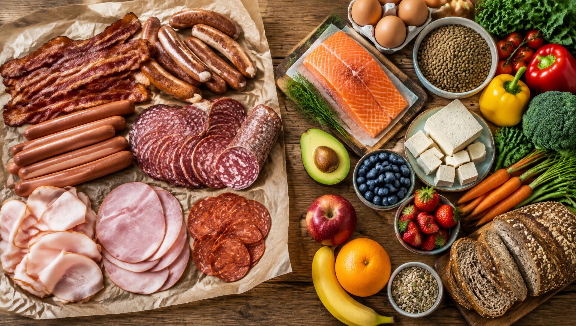 Processed meats contrasted with fresh whole foods including salmon, lentils, and vegetables