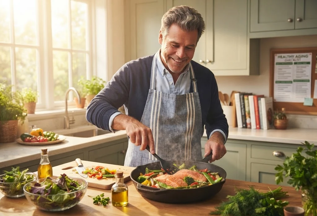 Man preparing salmon and vegetables in his kitchen