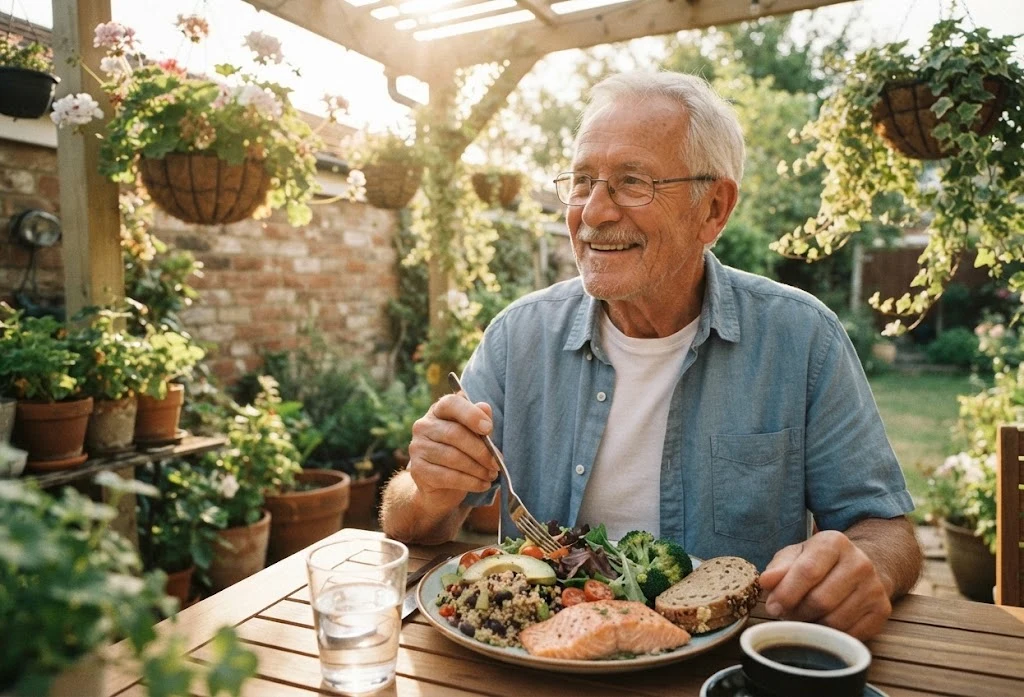 Older man enjoying salmon, greens, grains, and water outdoors