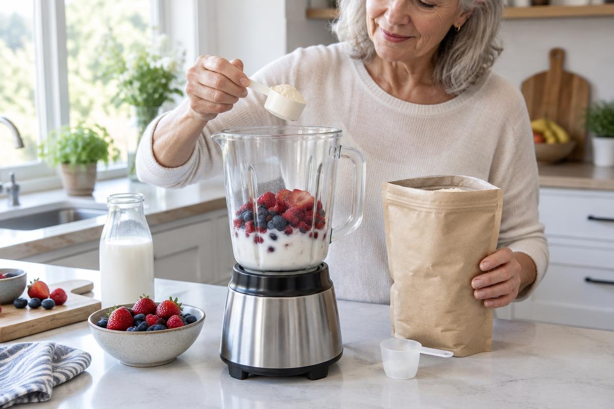 Older woman making a berry protein smoothie in her kitchen