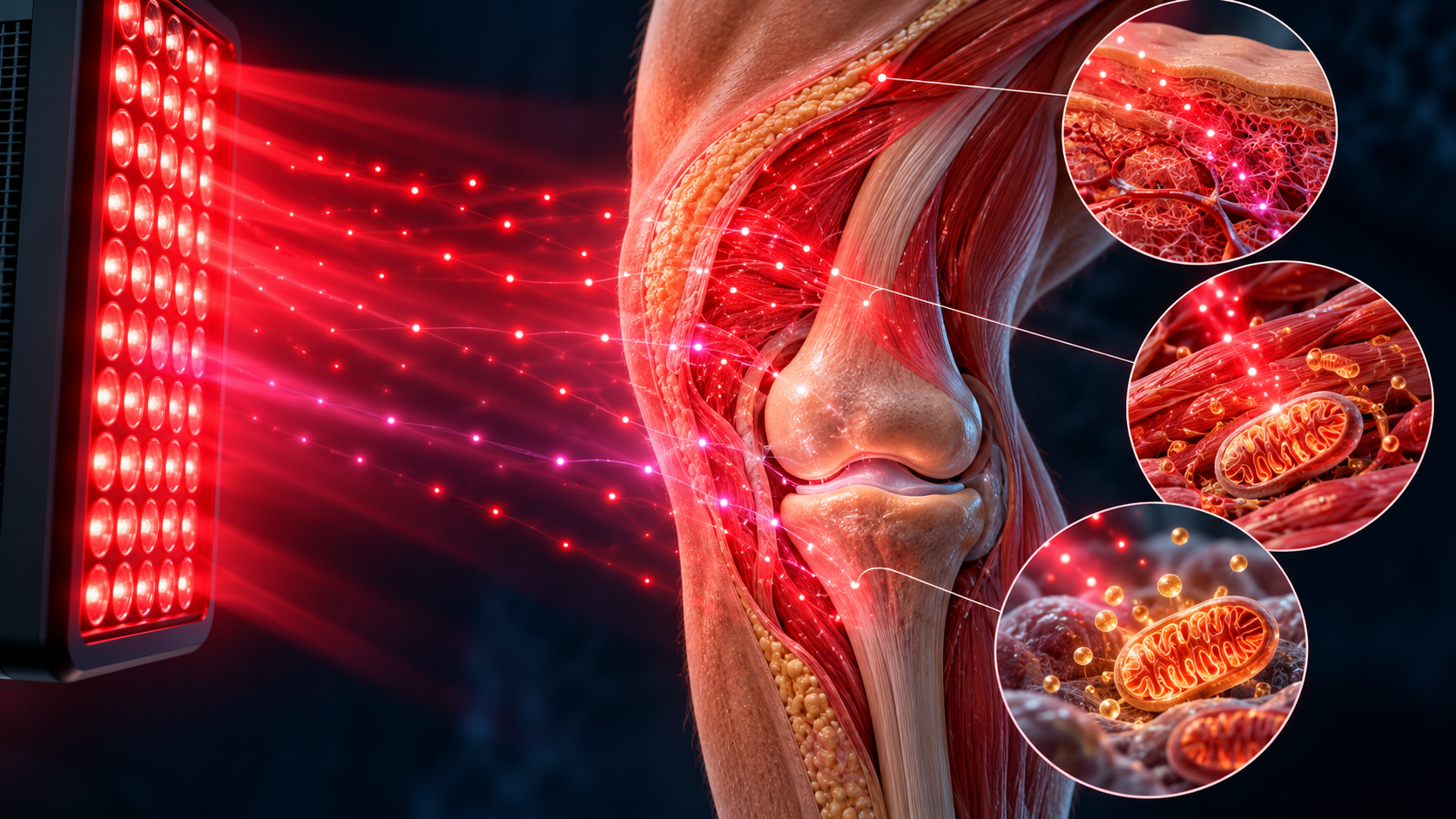 Diagram of a red light therapy panel directing photons into a knee joint, with close-ups of skin, muscle and mitochondria absorbing the light