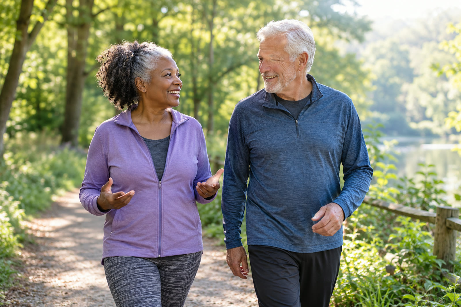 Older couple walking briskly together outdoors