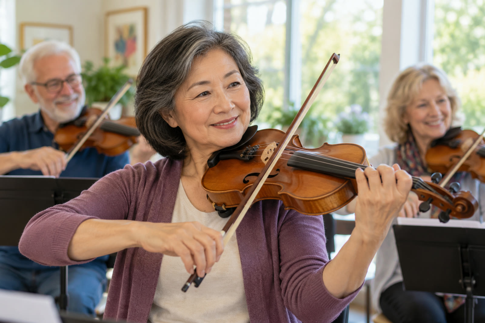 Older adults playing violins together in a group music class