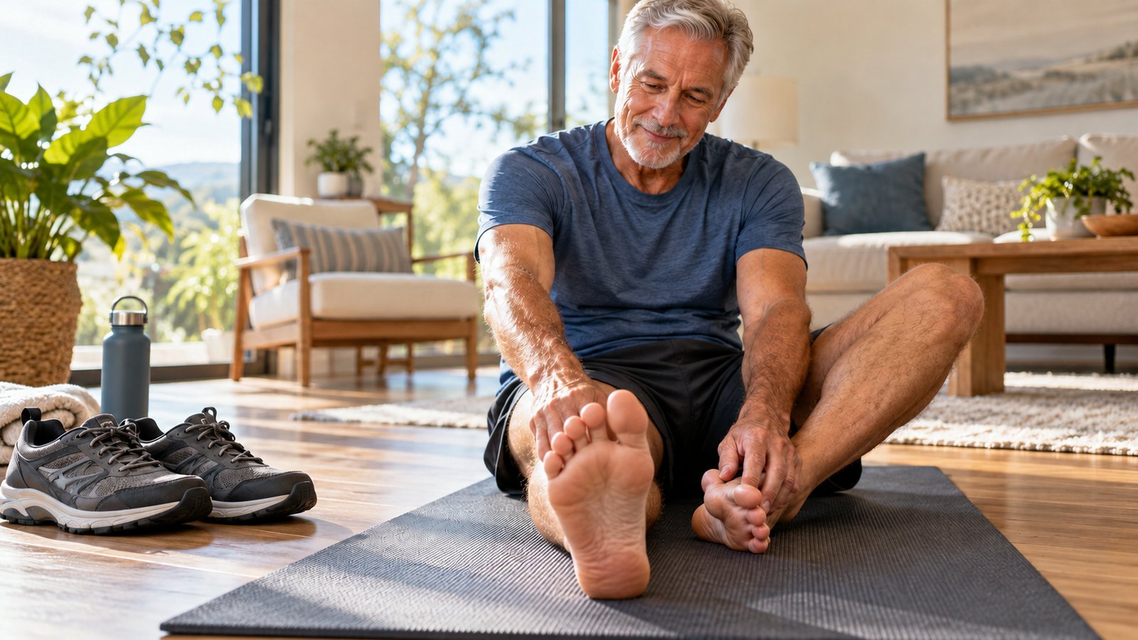 Older man seated on an exercise mat stretching his feet at home