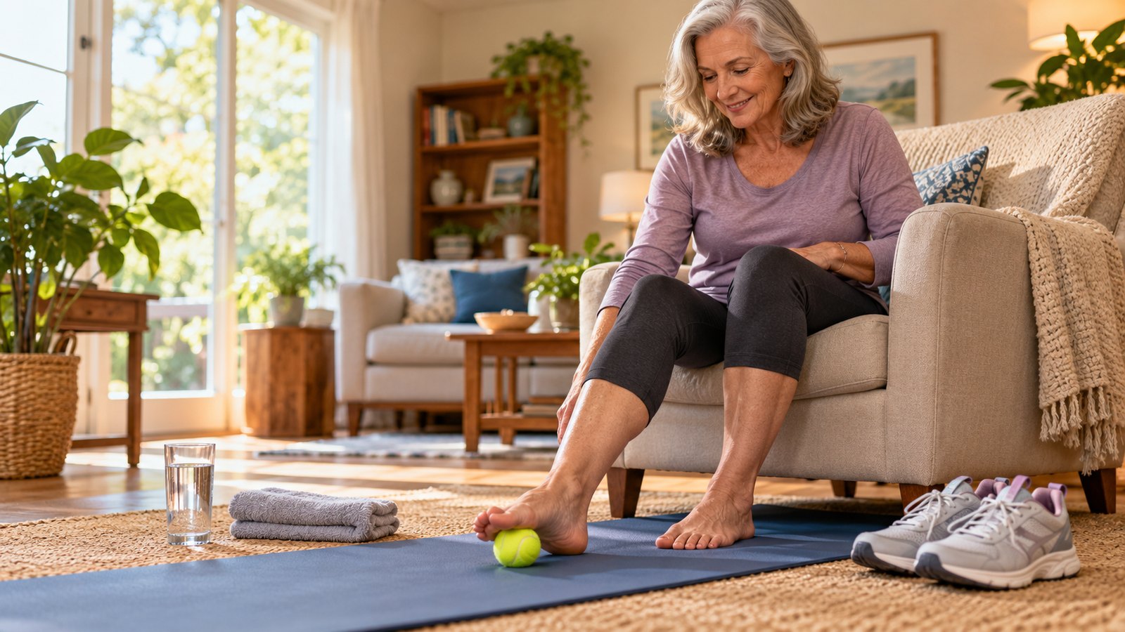 Older woman seated in a chair gently rolling a tennis ball beneath her bare foot