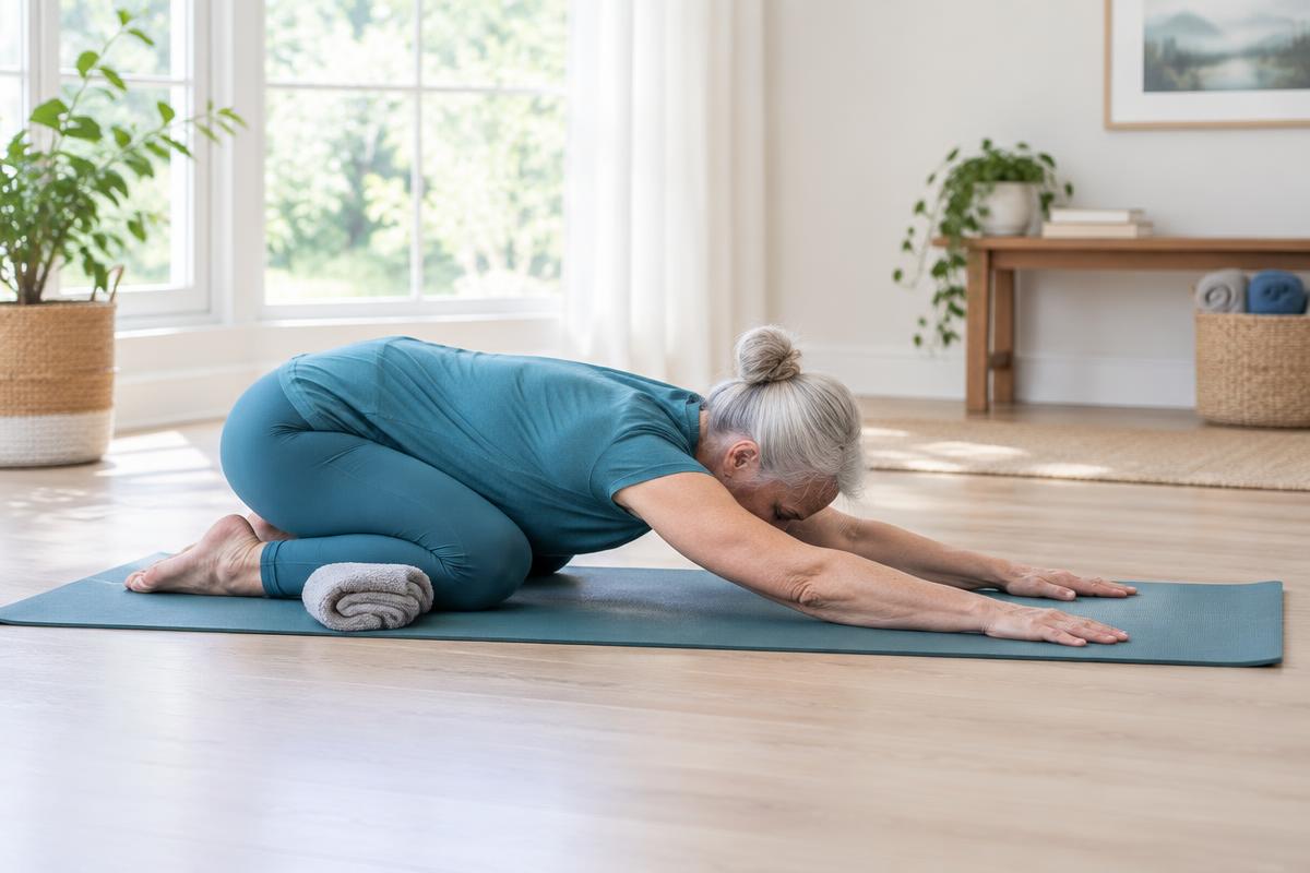 Older woman reaching forward in a modified child’s pose with a rolled towel supporting her knees