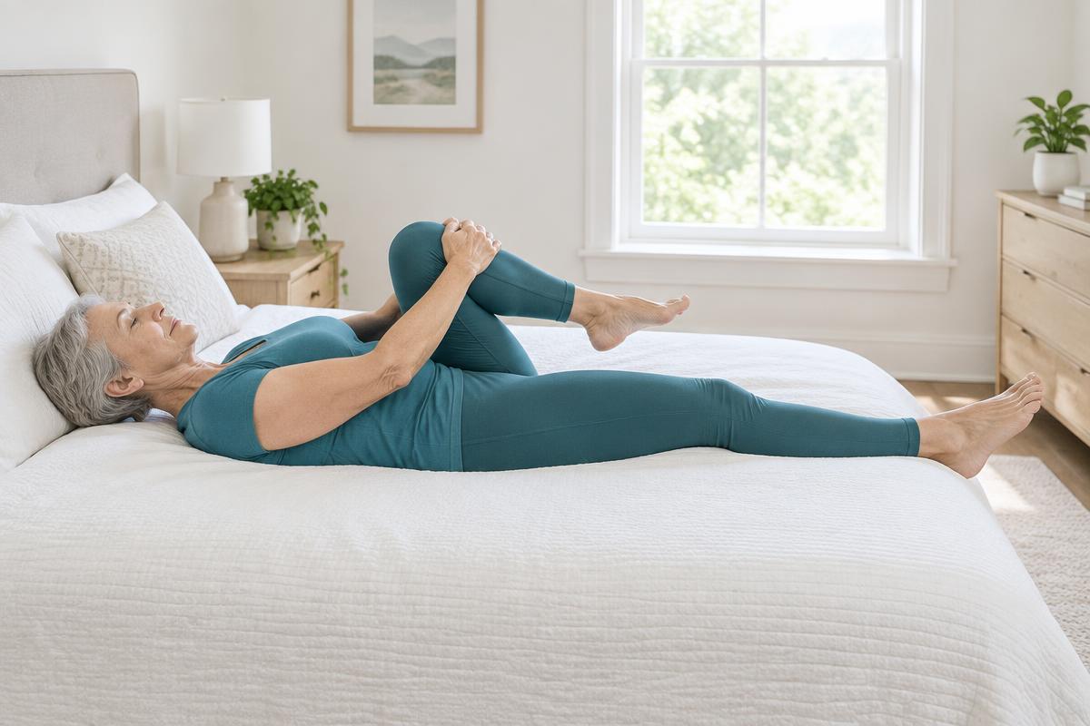 Older woman doing a gentle knee-to-chest stretch in bed