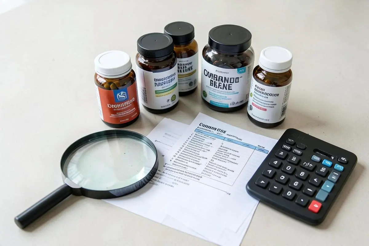 Unbranded supplement bottles beside a magnifying glass and comparison checklist