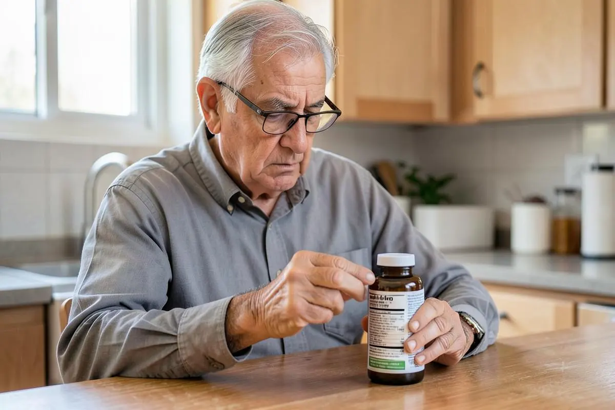 Older adult carefully reading the label on an unbranded supplement bottle