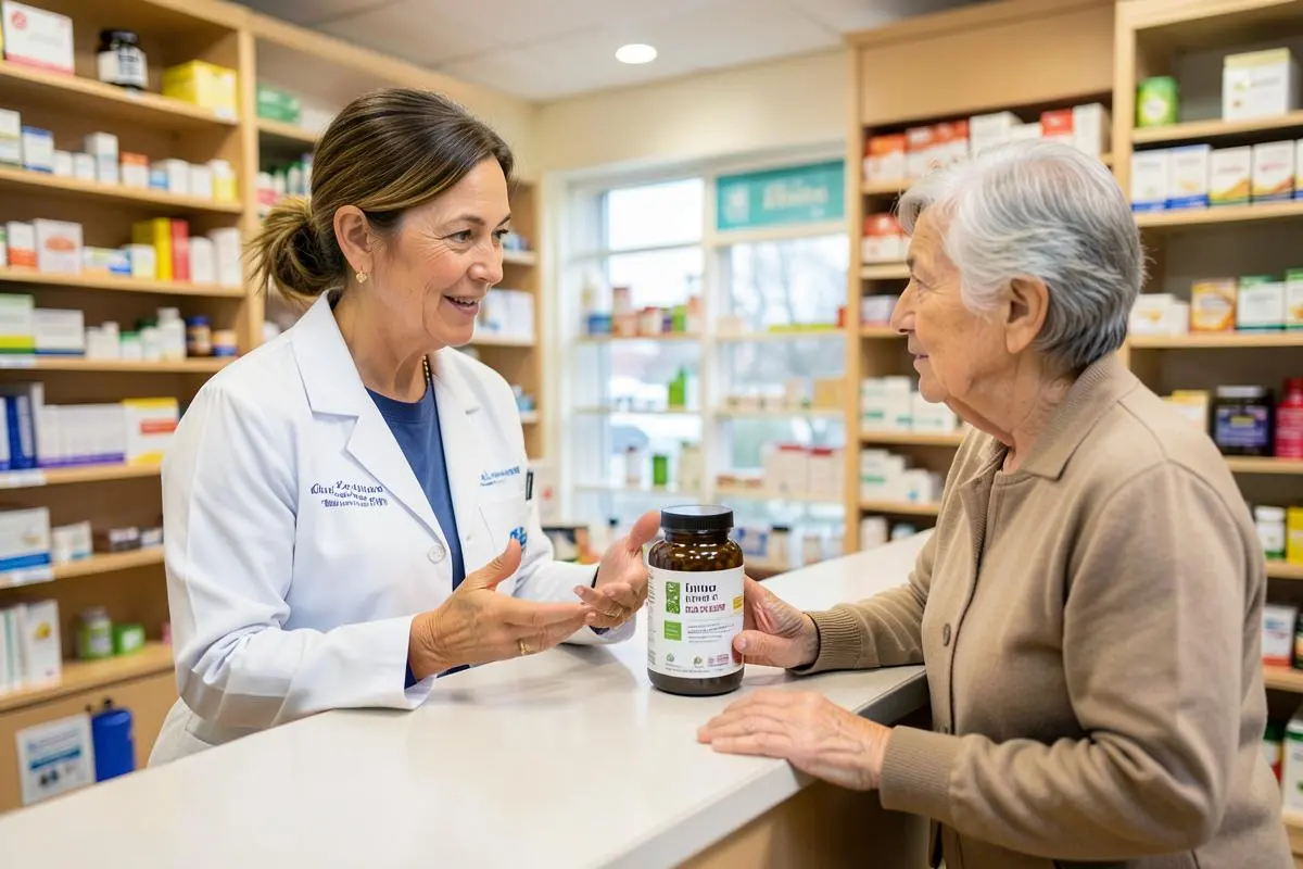 Pharmacist discussing an unbranded supplement with an older adult