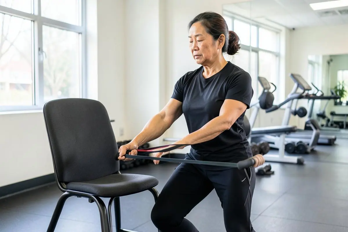 Woman over 60 using a resistance band beside a sturdy chair